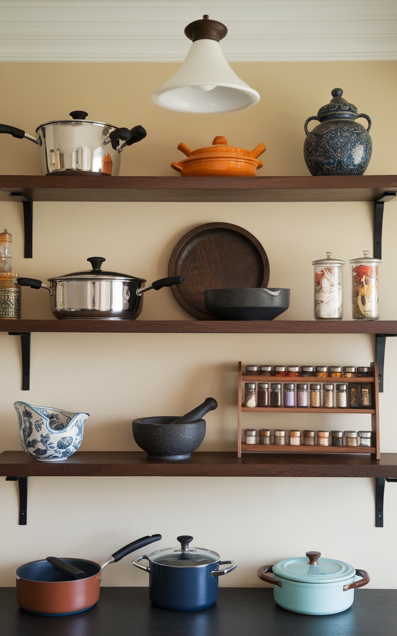 Chic cherry open shelving displaying various cookware and decorative items.