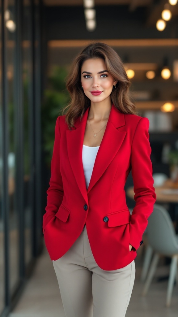 A woman wearing a chic cherry red blazer with a white shirt and beige pants, smiling in a modern workspace.