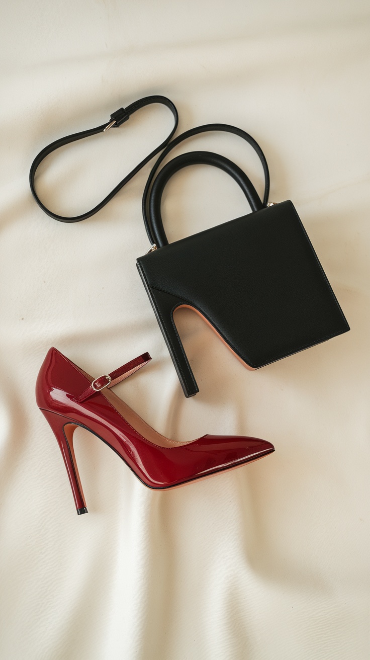 A cherry red high heel shoe and a black handbag placed on a light-colored fabric.