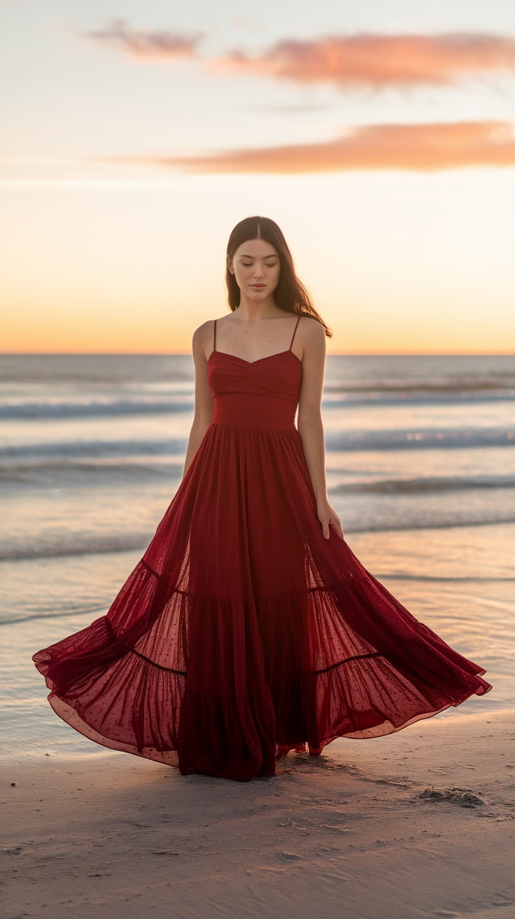 A woman wearing a cherry red maxi dress stands on the beach during sunset.