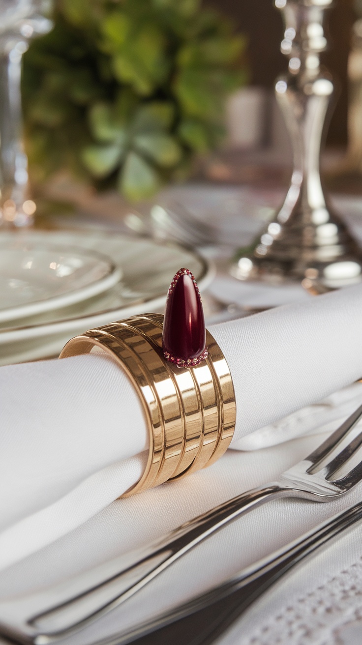 A dark cherry red nail showcased on a gold napkin ring at a dining table