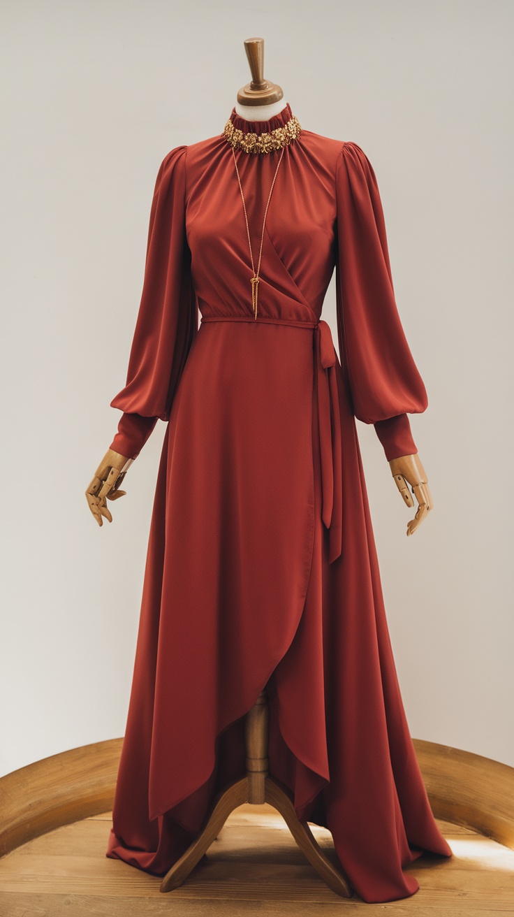 Chic cherry red wrap dress displayed on a mannequin with a decorative collar and elegant design