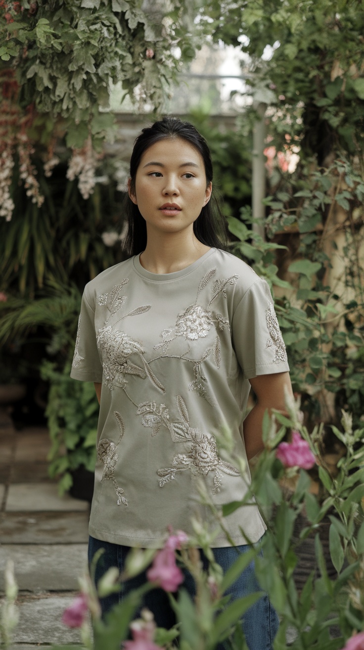 A woman wearing a chic embroidered t-shirt, surrounded by green plants.