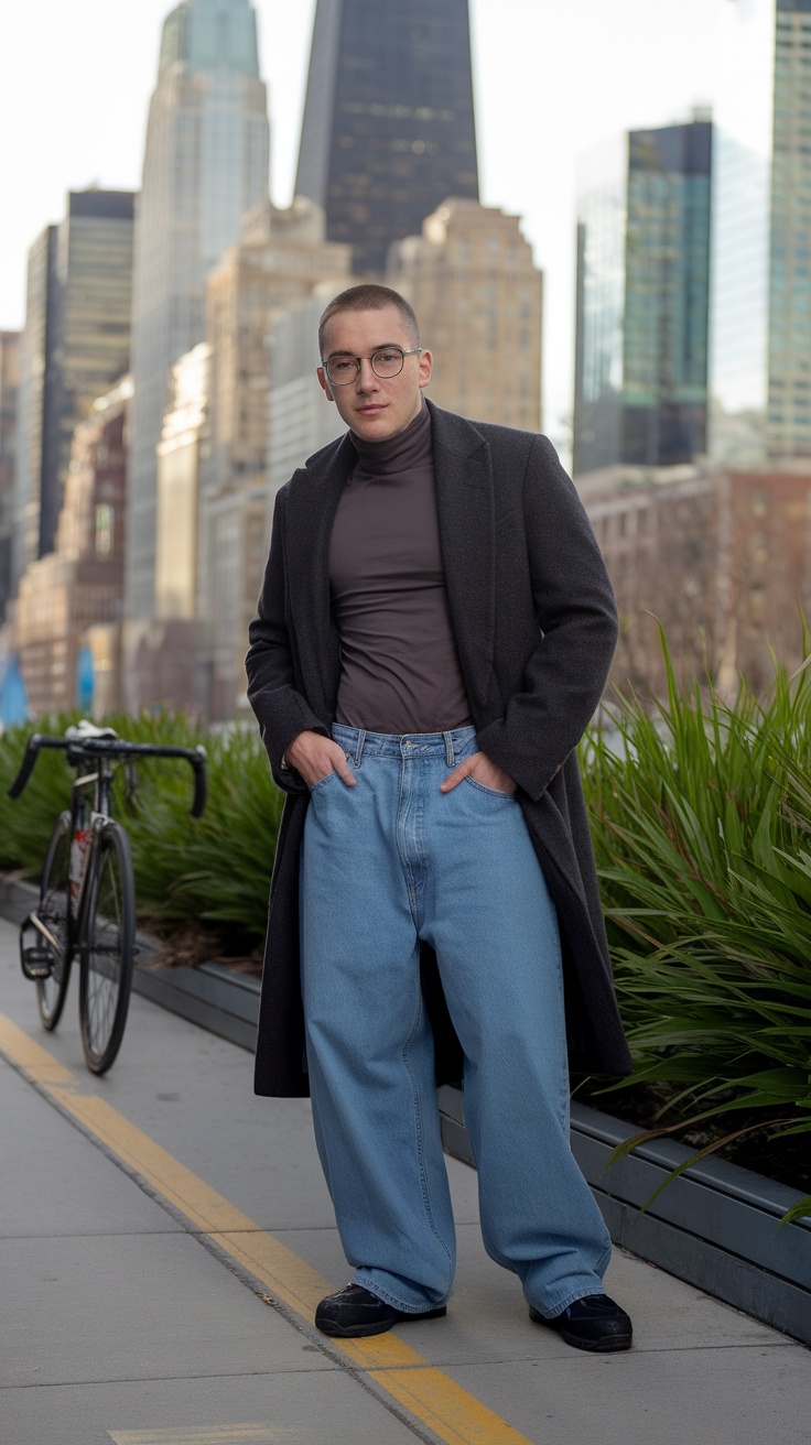 A stylish man in baggy jeans, a fitted turtleneck, and a long coat, standing in an urban setting.