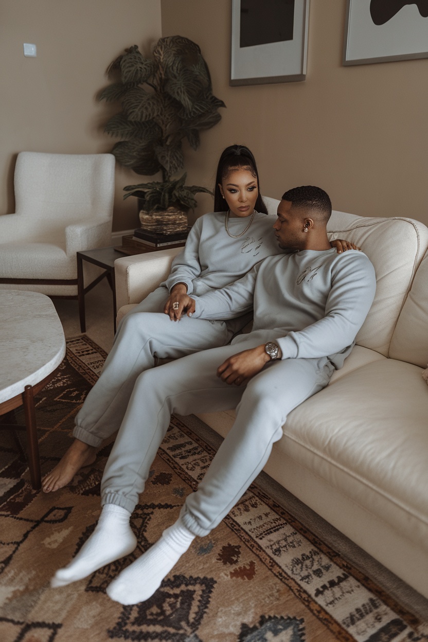 A couple wearing matching grey sweatsuits, sitting together on a couch in a stylish living room.