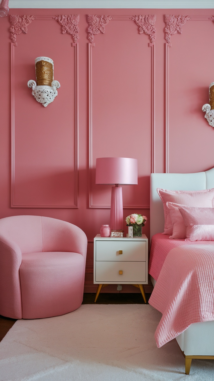 Cozy pink bedroom with stylish accessories and soft lighting