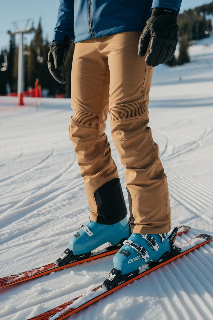 A man wearing tan ski pants with reinforced knees and blue ski boots, standing on the snow.