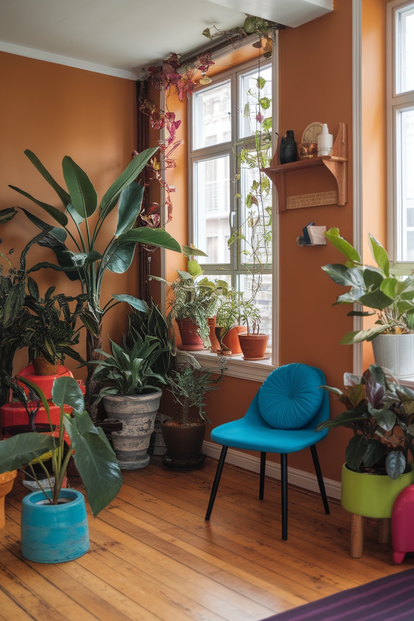 A cozy apartment corner with a vibrant orange wall, filled with various indoor plants, a bright blue chair, and wooden flooring.