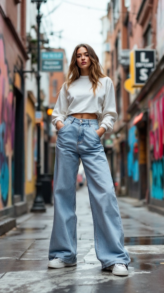 Model wearing chic wide-leg cinch waist jeans in a colorful urban setting.