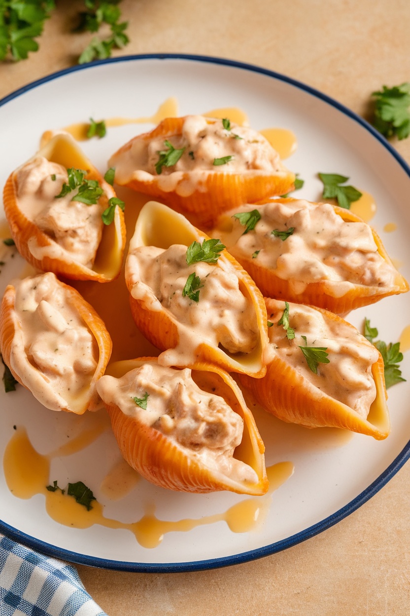 Delicious Chicken Alfredo stuffed shells on a plate garnished with parsley.