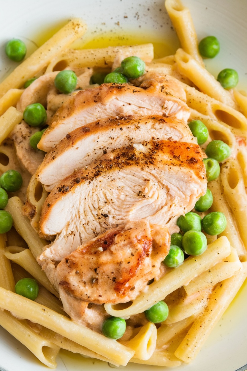 Plate of chicken carbonara with peas and pasta