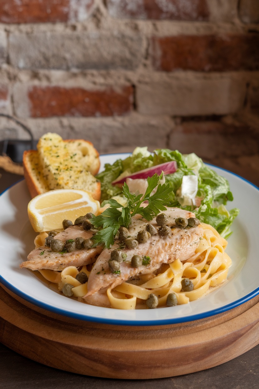 A plate of Chicken Fettuccine Piccata with lemon, capers, garlic bread, and a mixed green salad.