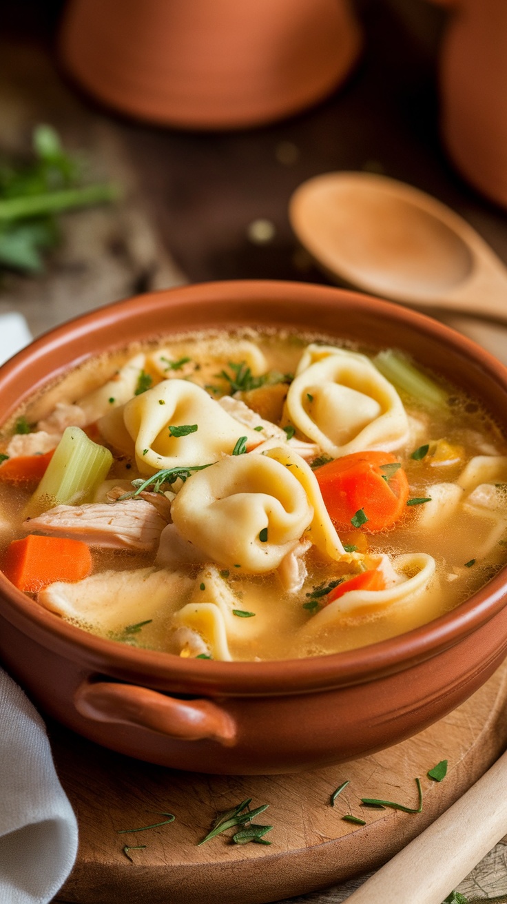 A bowl of Chicken Tortellini Soup with vegetables and tortellini in a savory broth.