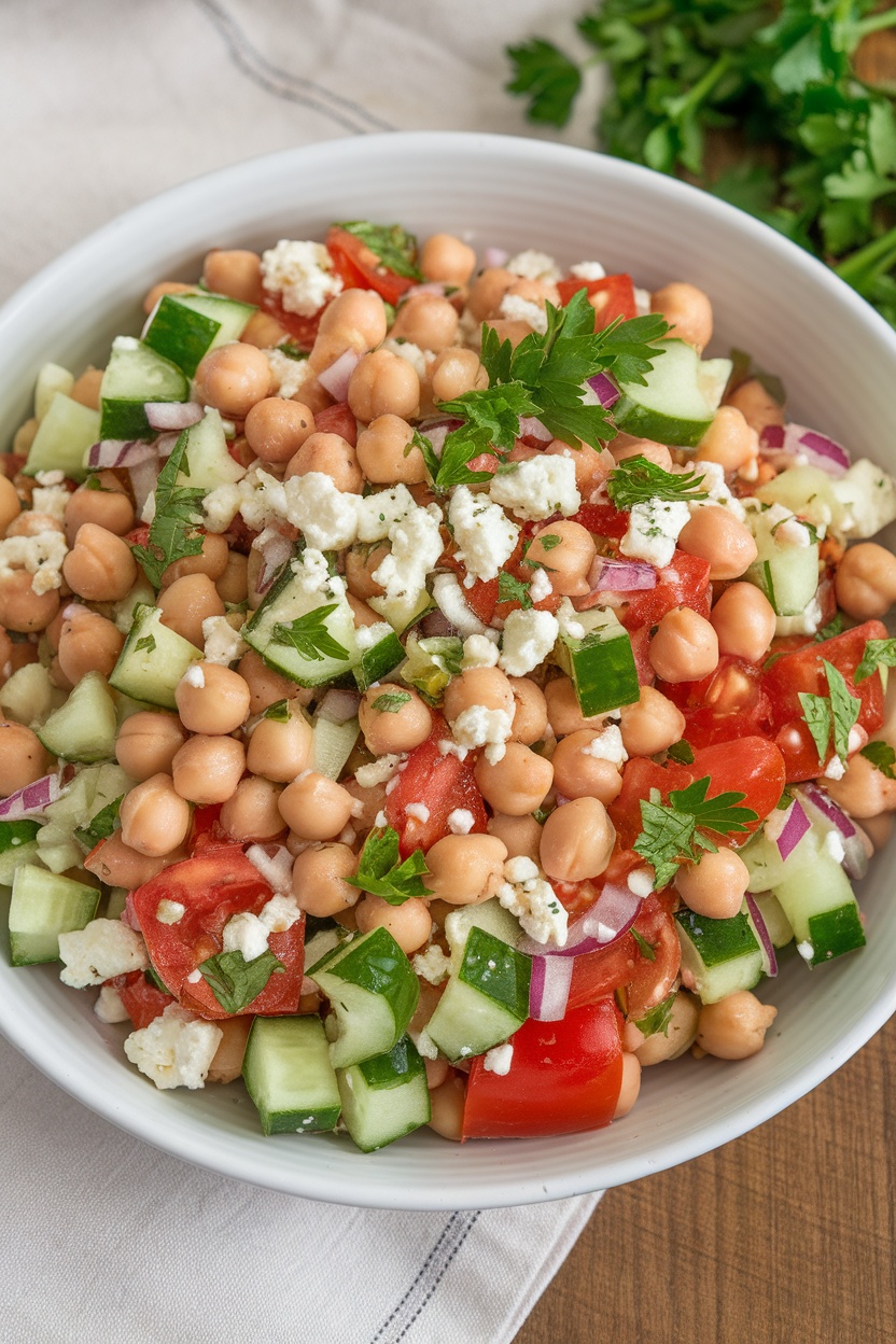 Chickpea salad with feta, cherry tomatoes, cucumber, and parsley.