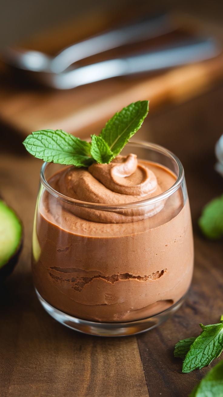 A creamy chocolate mousse in a glass garnished with mint leaves on a wooden table.