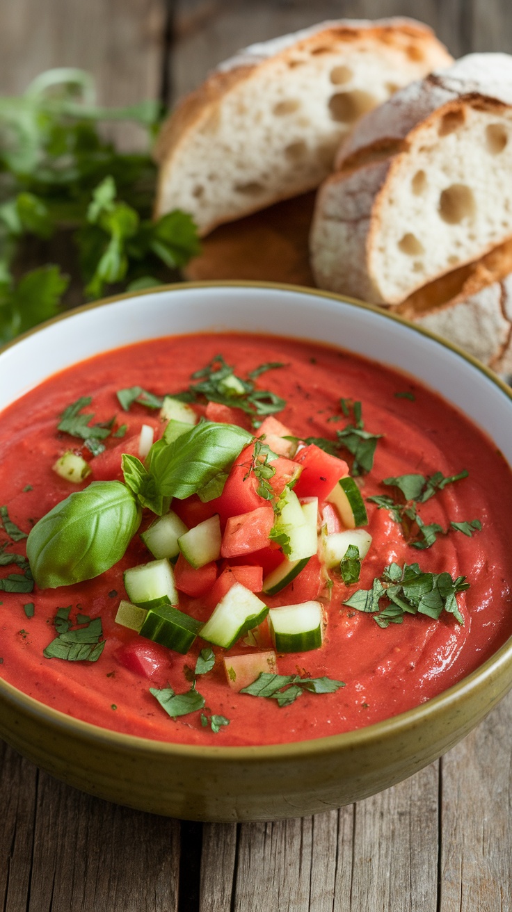 A bowl of chilled gazpacho topped with diced vegetables and herbs.