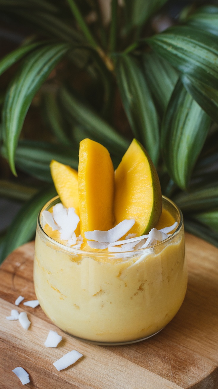 Chilled mango pudding topped with coconut and mango slices.