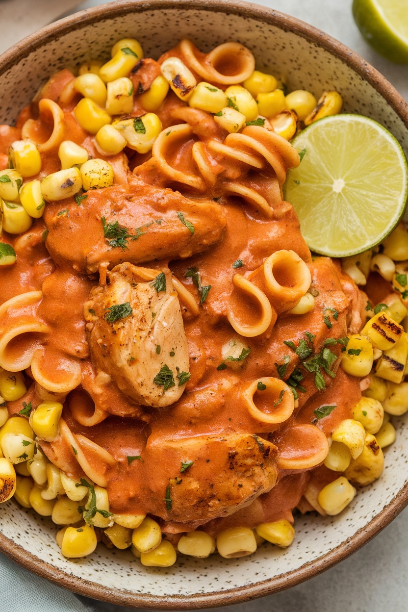 A bowl of chipotle chicken pasta with corn, garnished with lime and herbs.