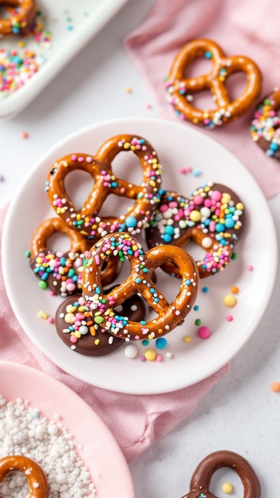 A plate of chocolate-covered pretzels with colorful sprinkles.