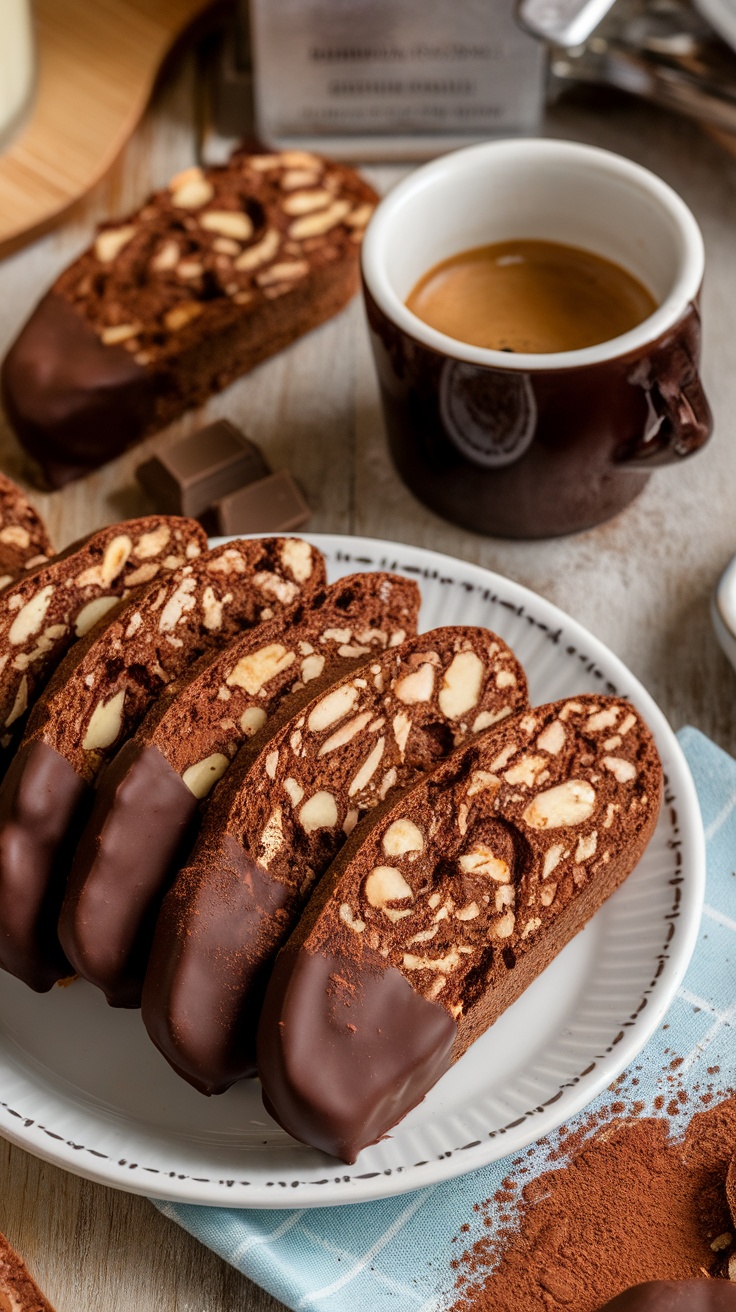 Chocolate almond biscotti served on a plate with a coffee cup