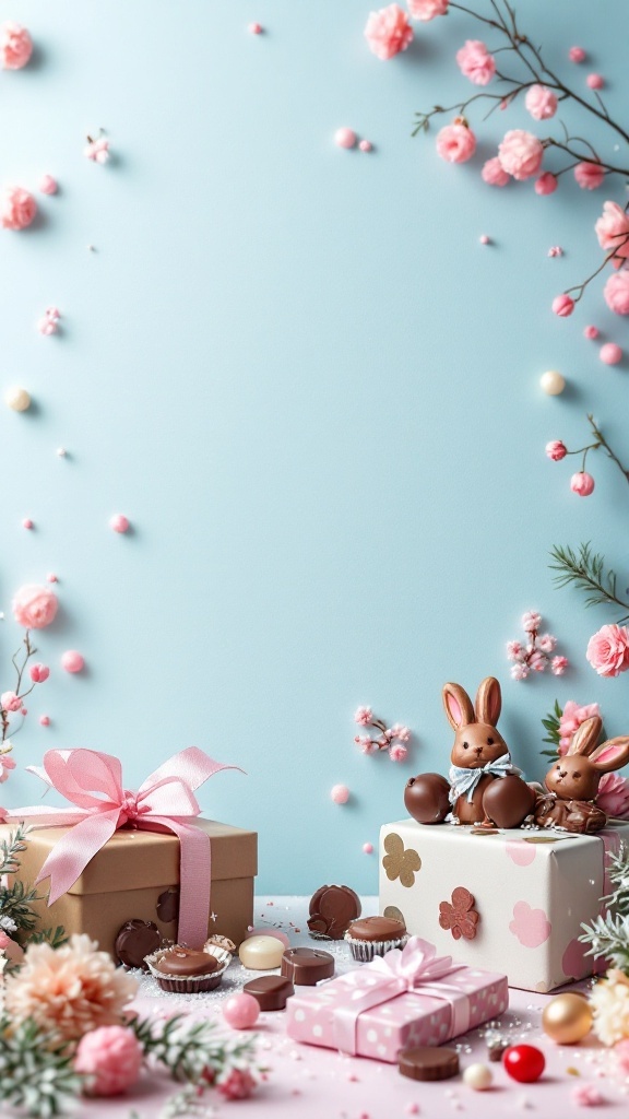 Chocolate bunnies with candy and gift boxes on a pastel background