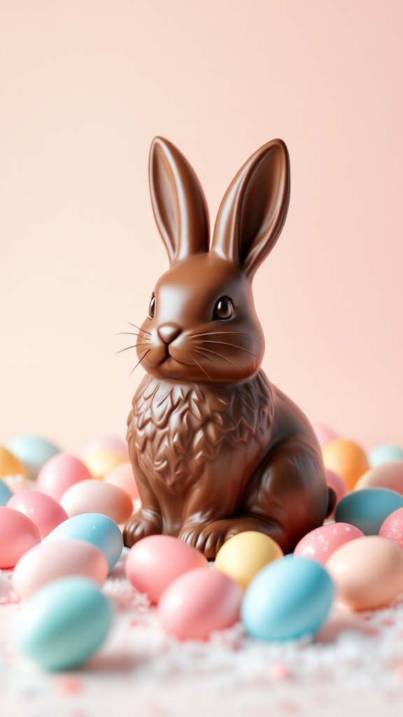 A chocolate bunny surrounded by pastel-colored candy eggs.