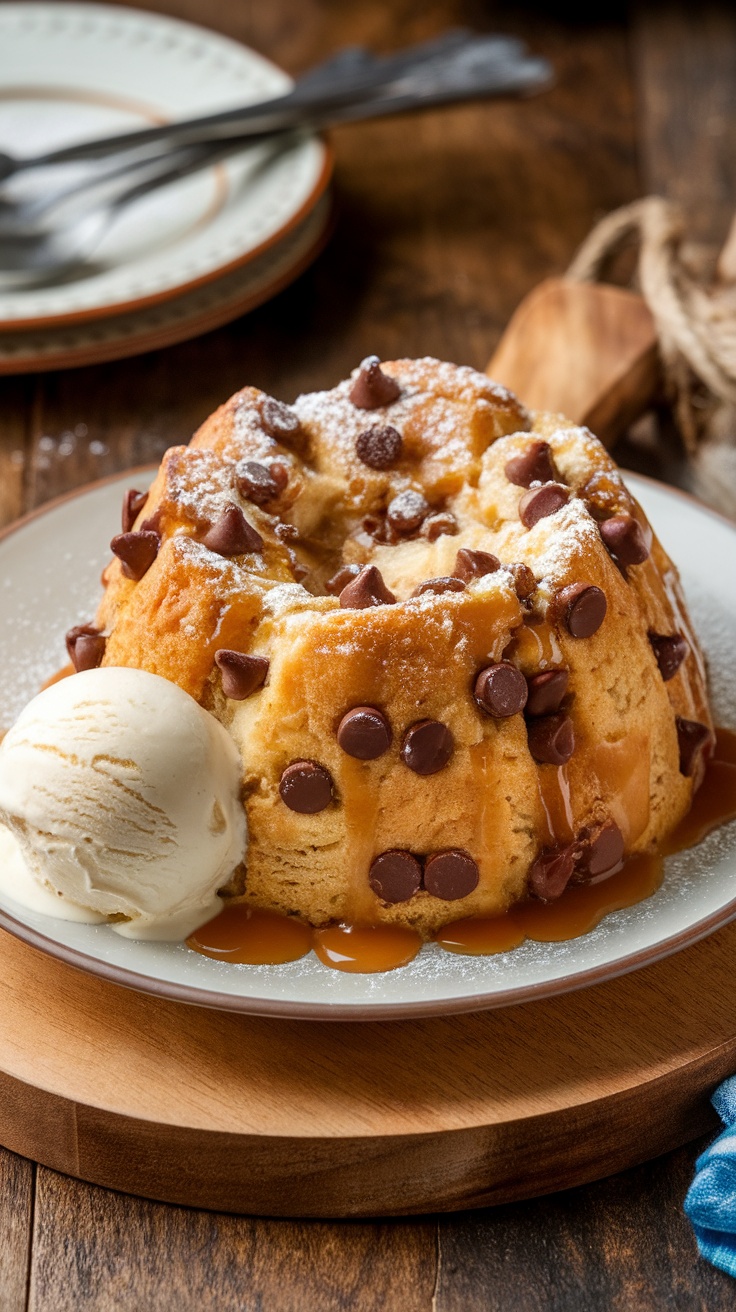 A plate of chocolate chip banana bread pudding served with a scoop of vanilla ice cream