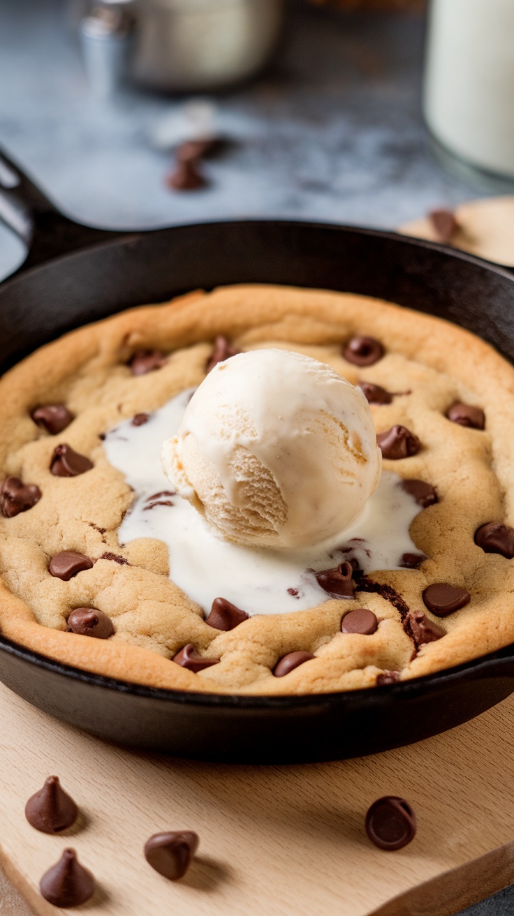 A warm chocolate chip cookie skillet dessert topped with a scoop of vanilla ice cream.