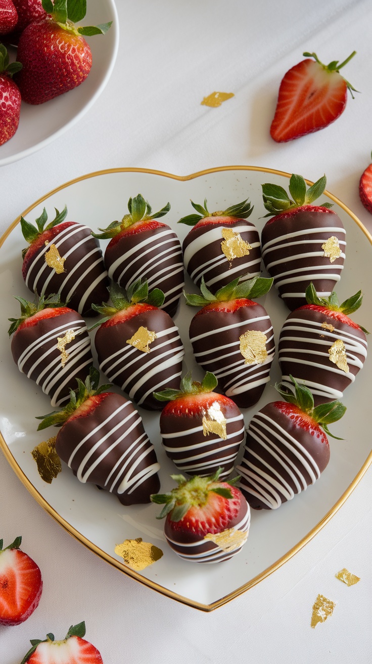 Delicious chocolate covered strawberries decorated with white chocolate drizzle and gold leaf.