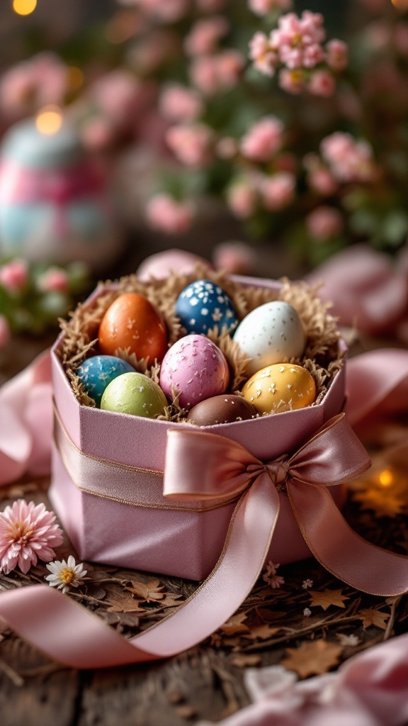 A pink gift box with colorful chocolate eggs inside, decorated with a satin ribbon.