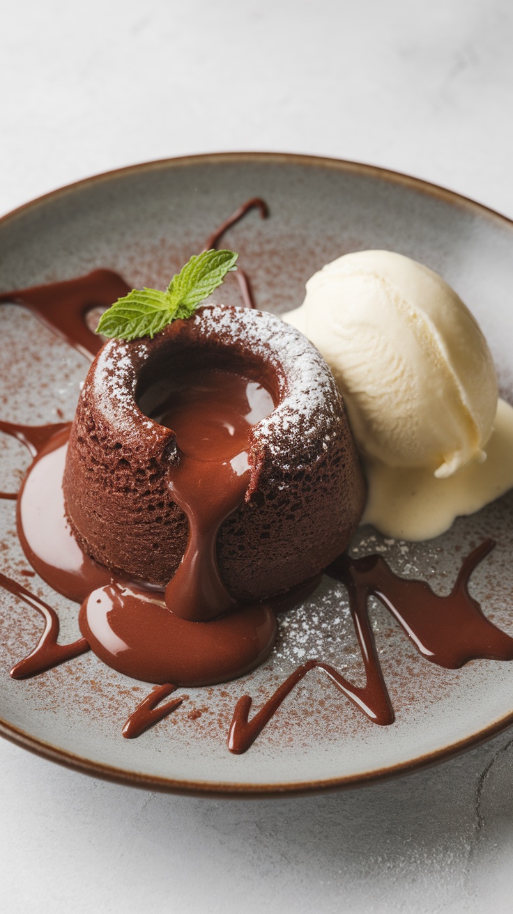 A dessert plate featuring chocolate lava cake with a melting center and a scoop of vanilla ice cream.