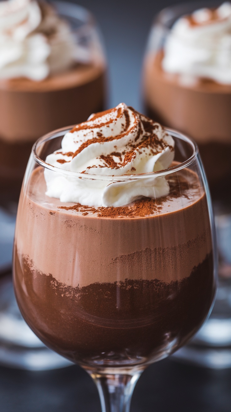 A rich chocolate mousse topped with fluffy whipped cream and cocoa powder.