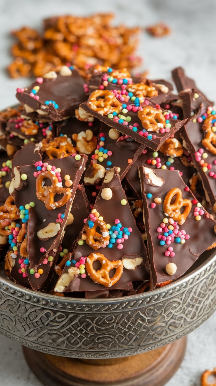 A bowl filled with chocolate pretzel bark topped with sprinkles.