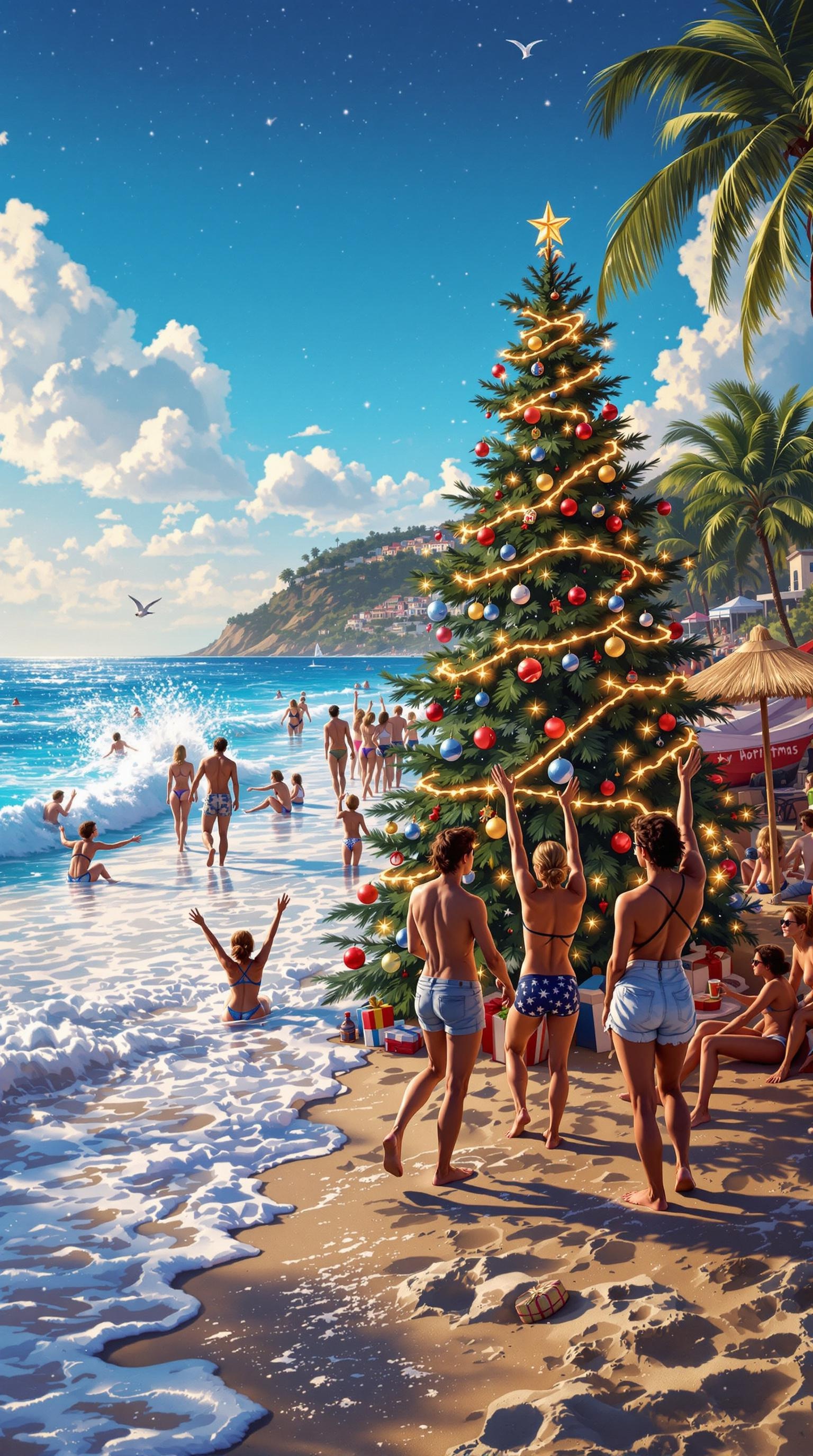 People celebrating Christmas on a beach with a decorated tree and ocean waves.