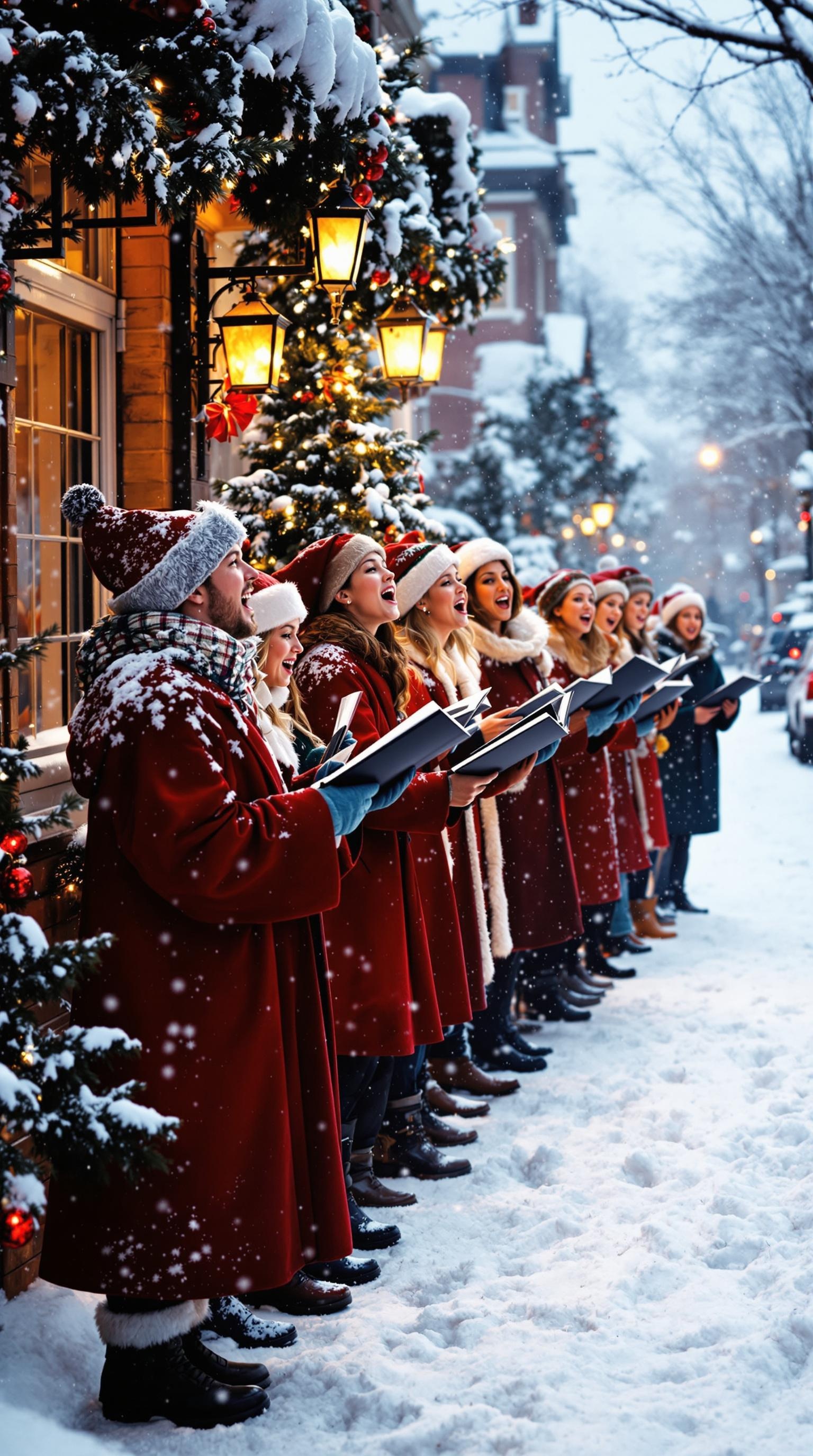 Christmas carolers singing on a snowy street