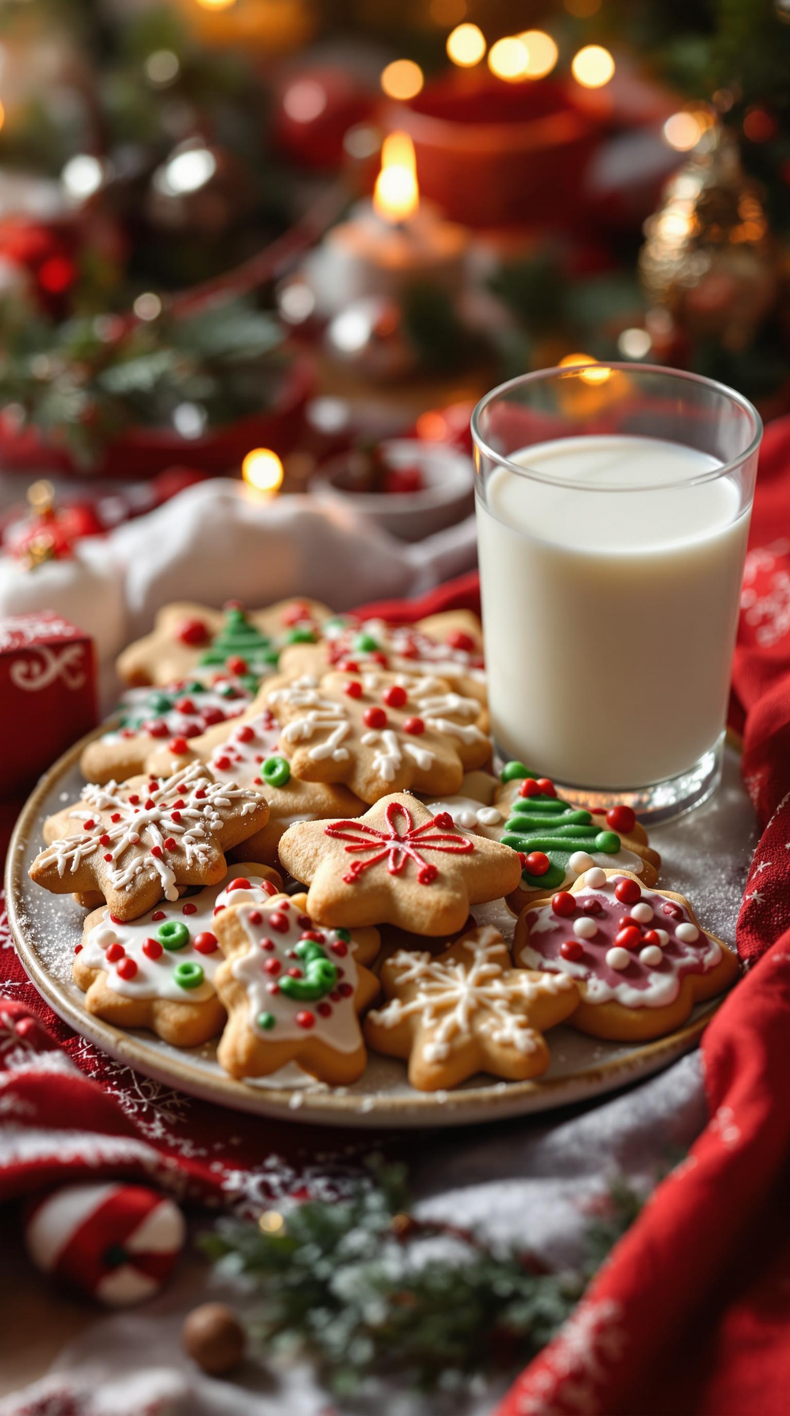 A plate of decorated Christmas cookies with a glass of milk beside it.