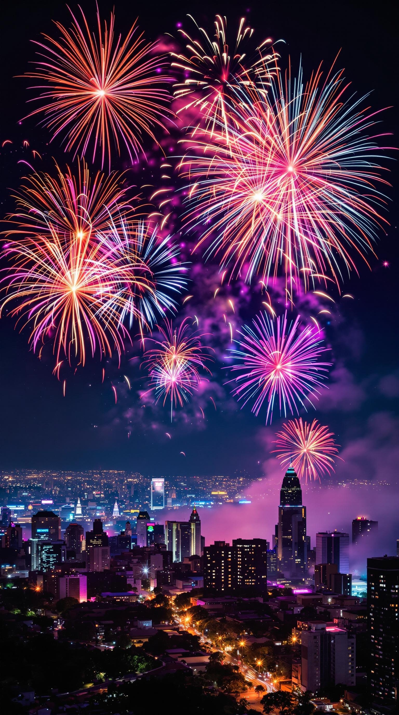 Colorful fireworks exploding in the night sky over a city skyline