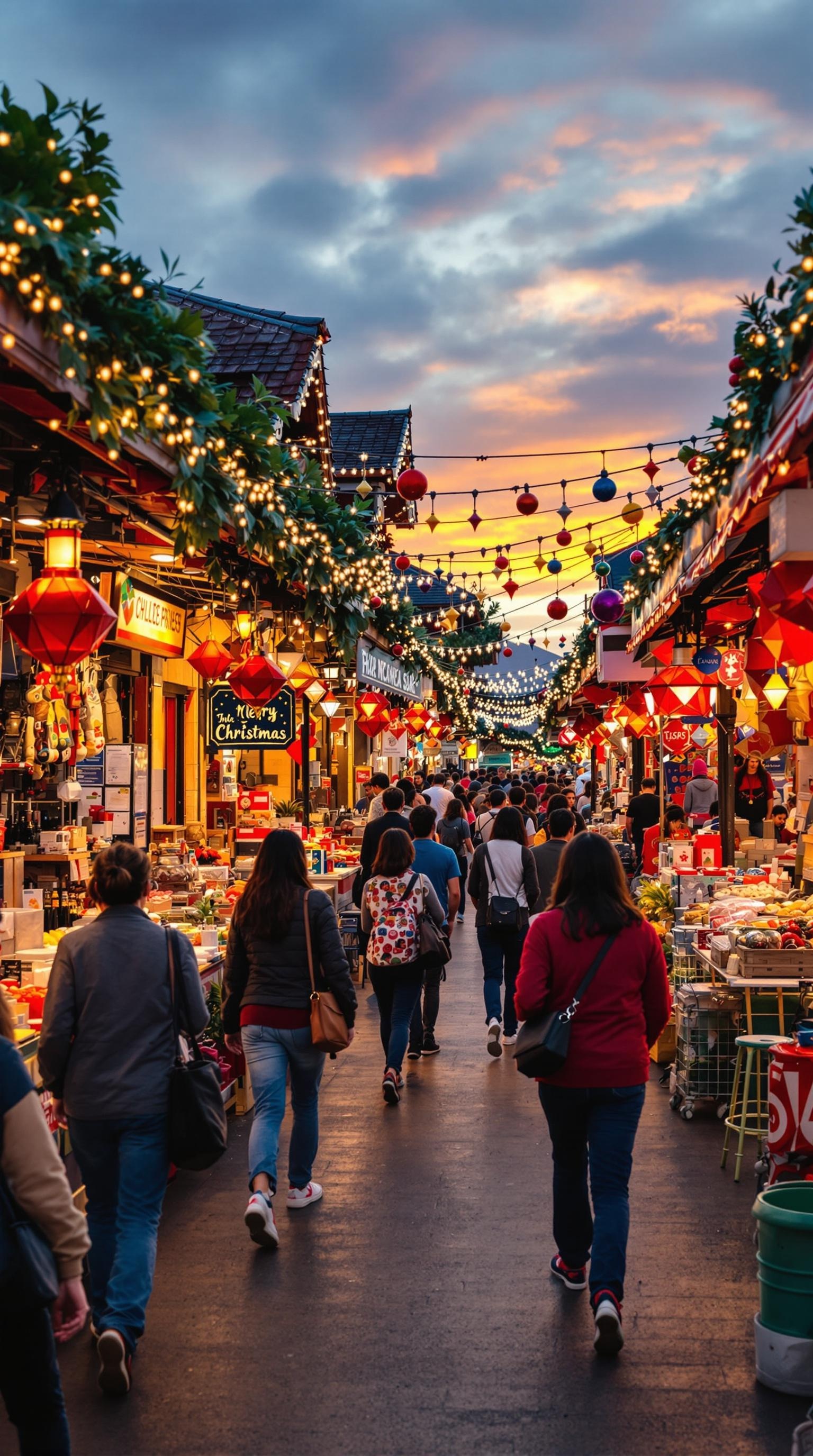 A busy Christmas market with colorful lights and decorations, people walking among stalls.