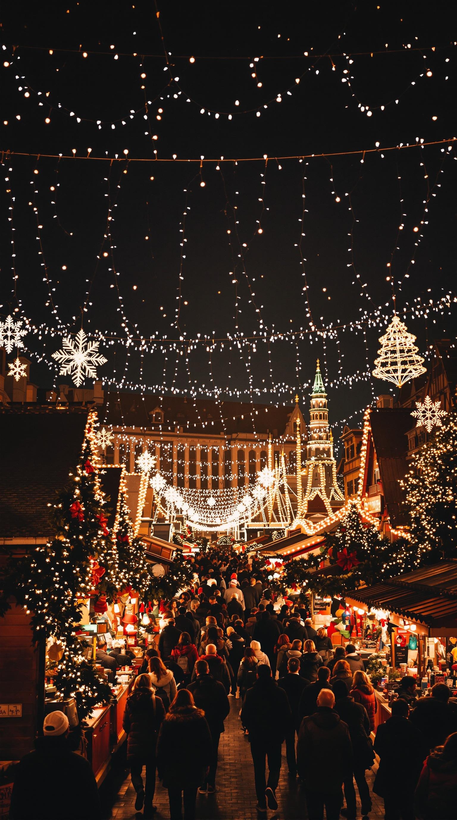 A bustling Christmas market illuminated by twinkling lights, featuring festive decorations and happy crowds.