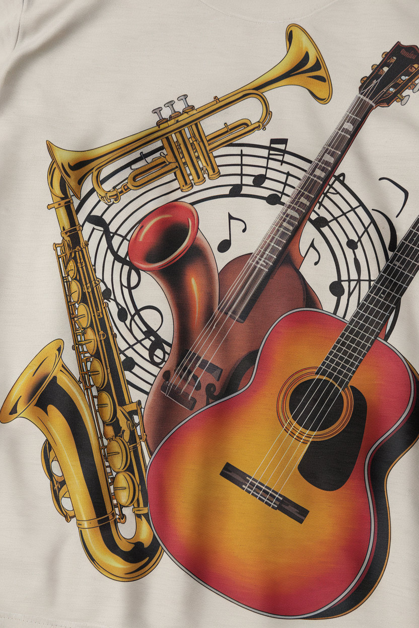 Colorful graphic of musical instruments with notes