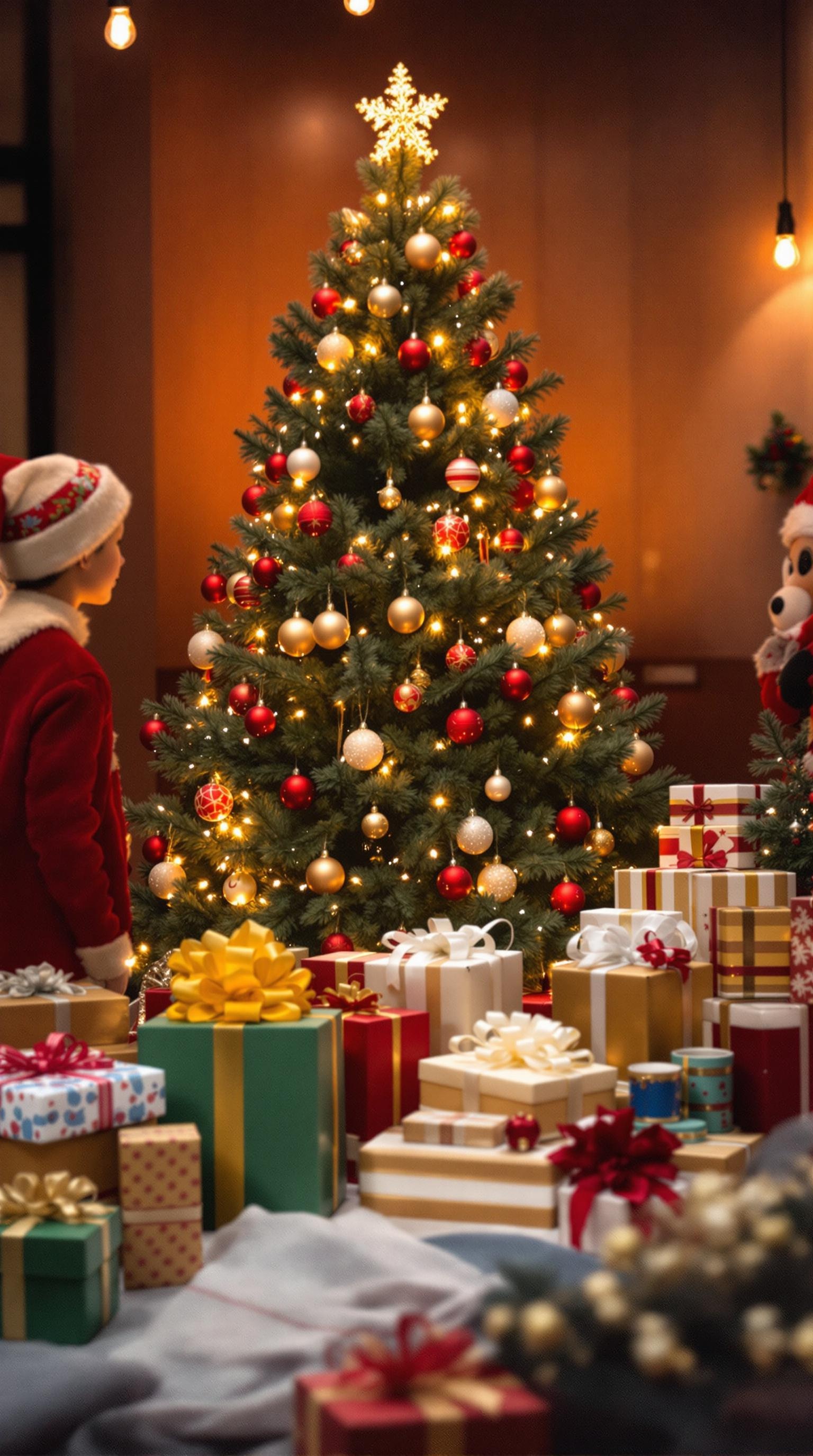 A cheerful child in a Santa outfit gazes at a beautifully decorated Christmas tree surrounded by colorful gifts.