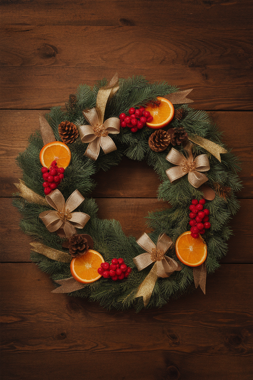 A Christmas wreath featuring pine, oranges, red berries, pinecones, and gold bows on a wooden background.