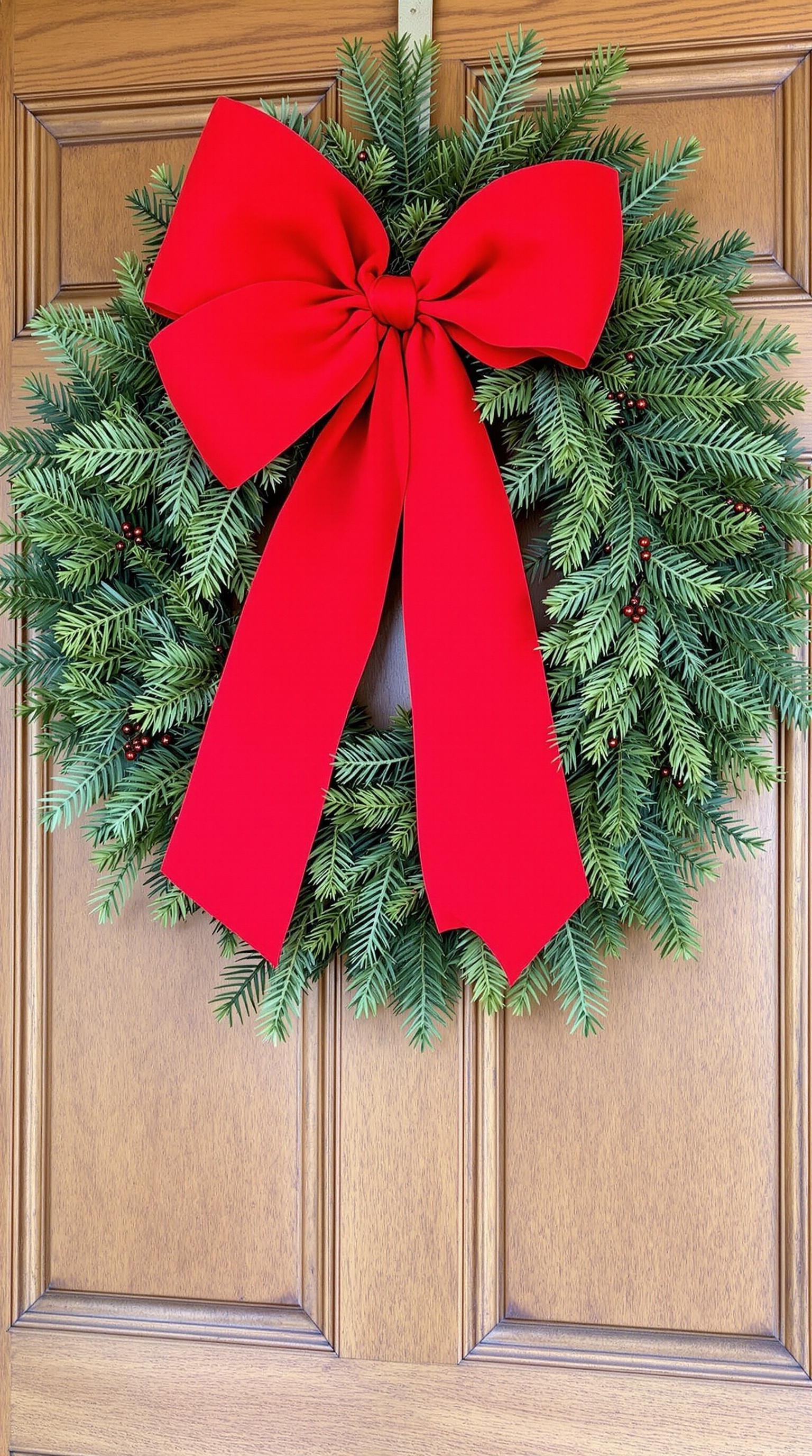 A Christmas wreath featuring a lush green base with a large red bow.