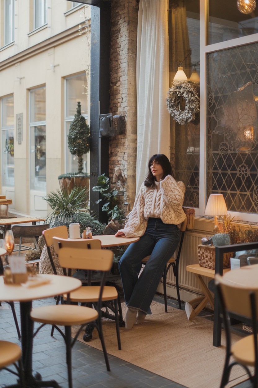 A woman sitting in a cozy café wearing a chunky knit sweater and high-waisted jeans, featuring a casual and stylish winter look.