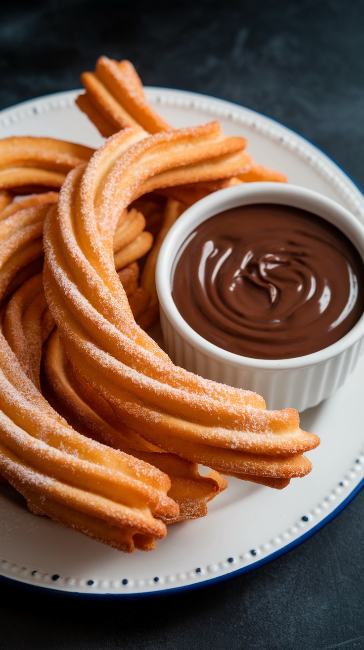 Churros with chocolate dipping sauce on a plate