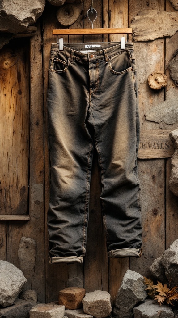 A pair of cinch waist jeans in earthy tones hanging against a rustic wooden backdrop.