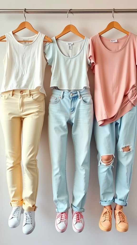 Cinch jeans and pastel clothing laid out on a light background