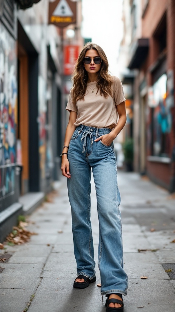 A model wearing cinch jeans with a paperbag waist, standing in a stylish urban setting.