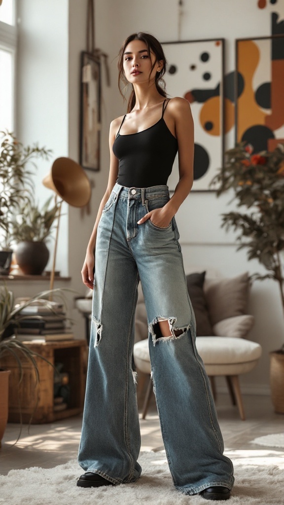 Model wearing asymmetrical cinch waist jeans with a black top in a stylish room.