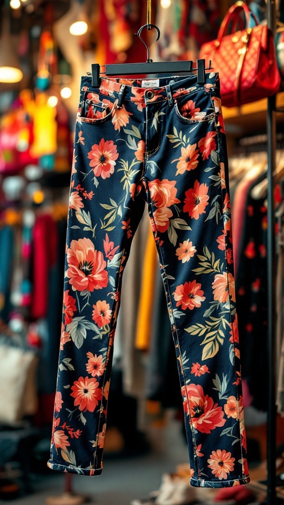 A pair of floral-patterned cinch waist jeans displayed on a hanger